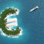 Tax haven, financial or wealth evasion on a euro island. A luxury boat is sailing to the island.