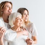 collage of three generation of positive women smiling while hugg